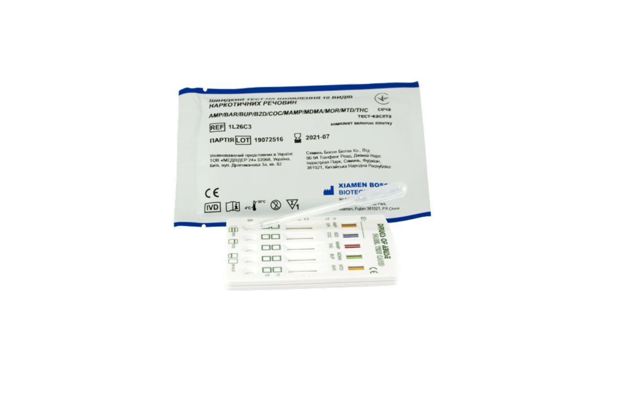 Швидкий тест на 10 видів наркотичних речовин, сеча, тест-касета,(Boson, 1L26C3)